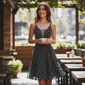 Tatyana Sheila Retro 1950's Black White Polka Dot Deep Plunge Swing Dress, XS